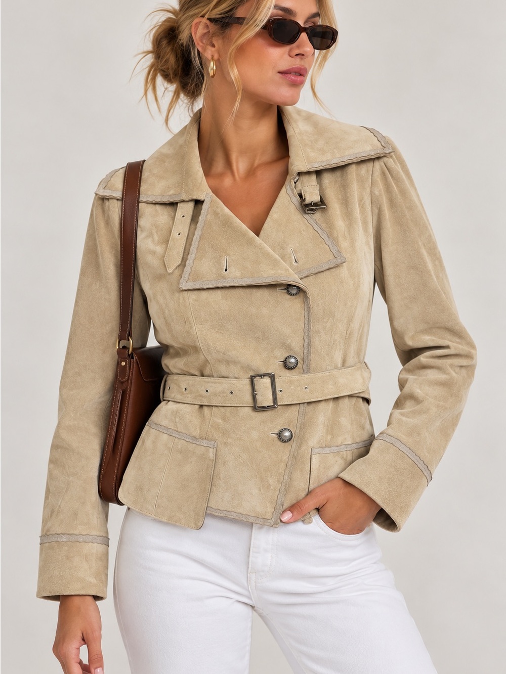 Vintage Yansi Fugel Beige Pig Suede Leather Wrap Jacket Belted Size 4